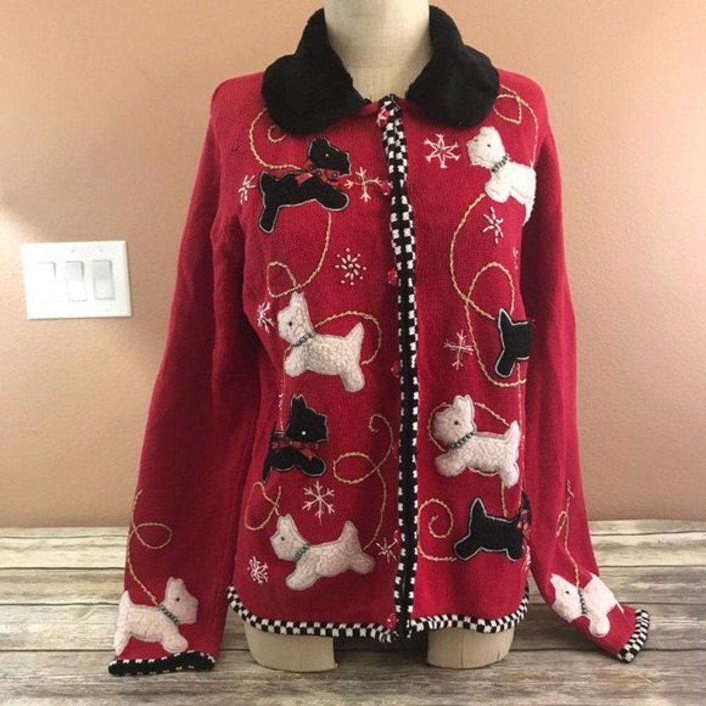 Ugly Red Christmas Sweater with Puppies Dog L
